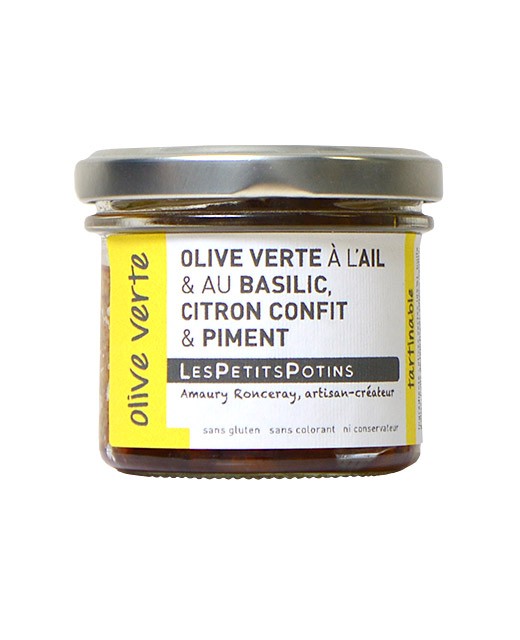grüne Oliven mit Basilikum und frischen Knoblauch - Les Petits Potins